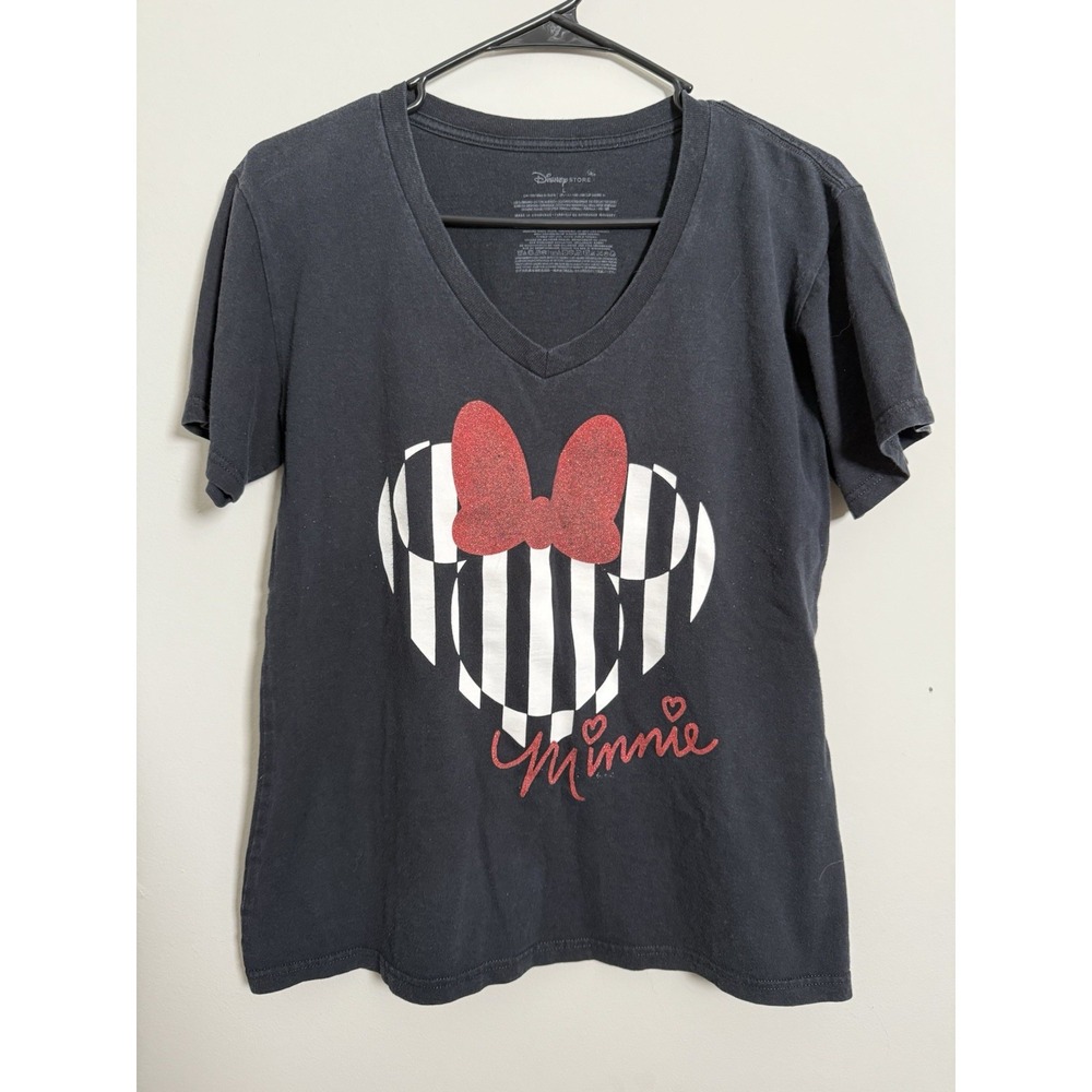 Disney Store T Shirt Women Sz L Black White Minnie Mouse Heart Stripe Signature